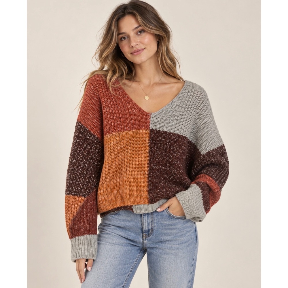 Willow & Root Women's Large Colorblock Chunky Knit V-Neck Oversized Sweater